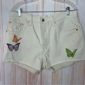 Levi's 501 Cream Butterfly Button Fly Distressed Jean  Shorts (32)